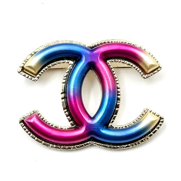 Chanel Gold CC Fuchsia Blue Brooch - Picture 1 of 4